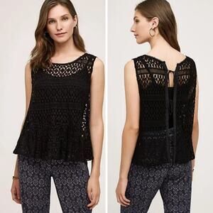 Anthropologie TINY Miri Lace Tank Top XS Black Tie Back Sleeveless Crochet
